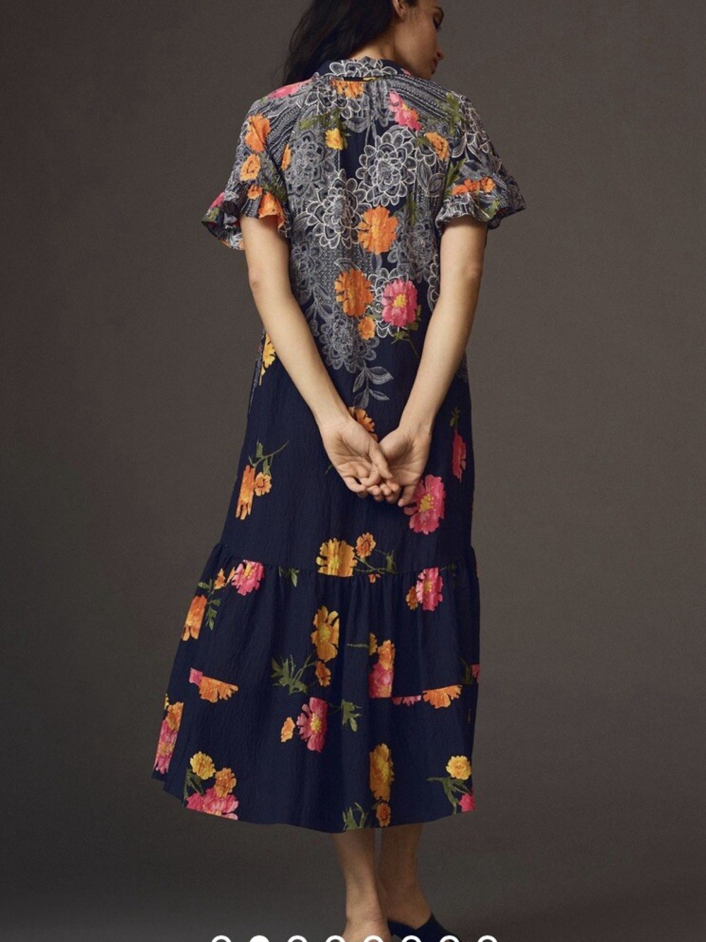 Anthropologie Navy Midi Dress with Orange & Pink Floral Motif - Picture 3 of 5